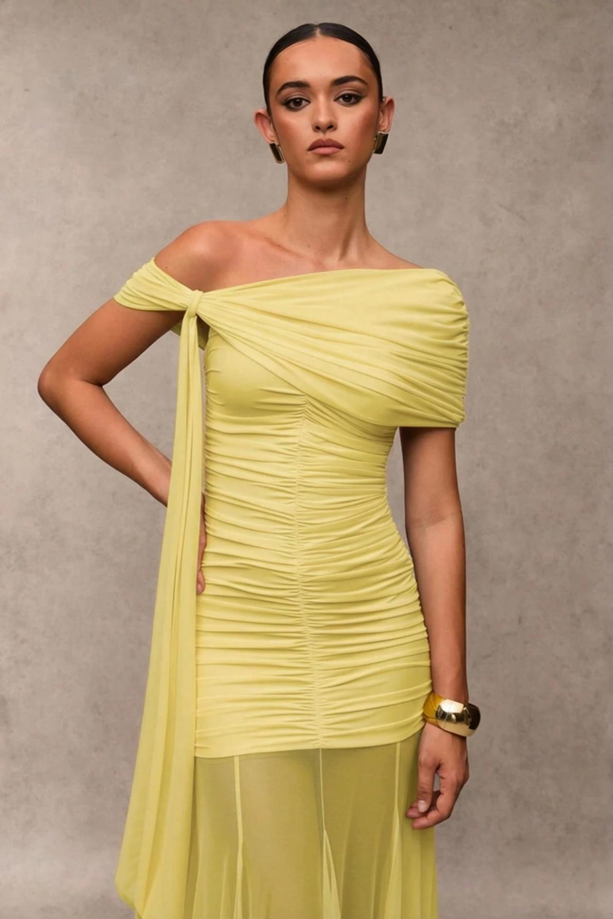 Gathered Asymmetric Neck Maxi Dress