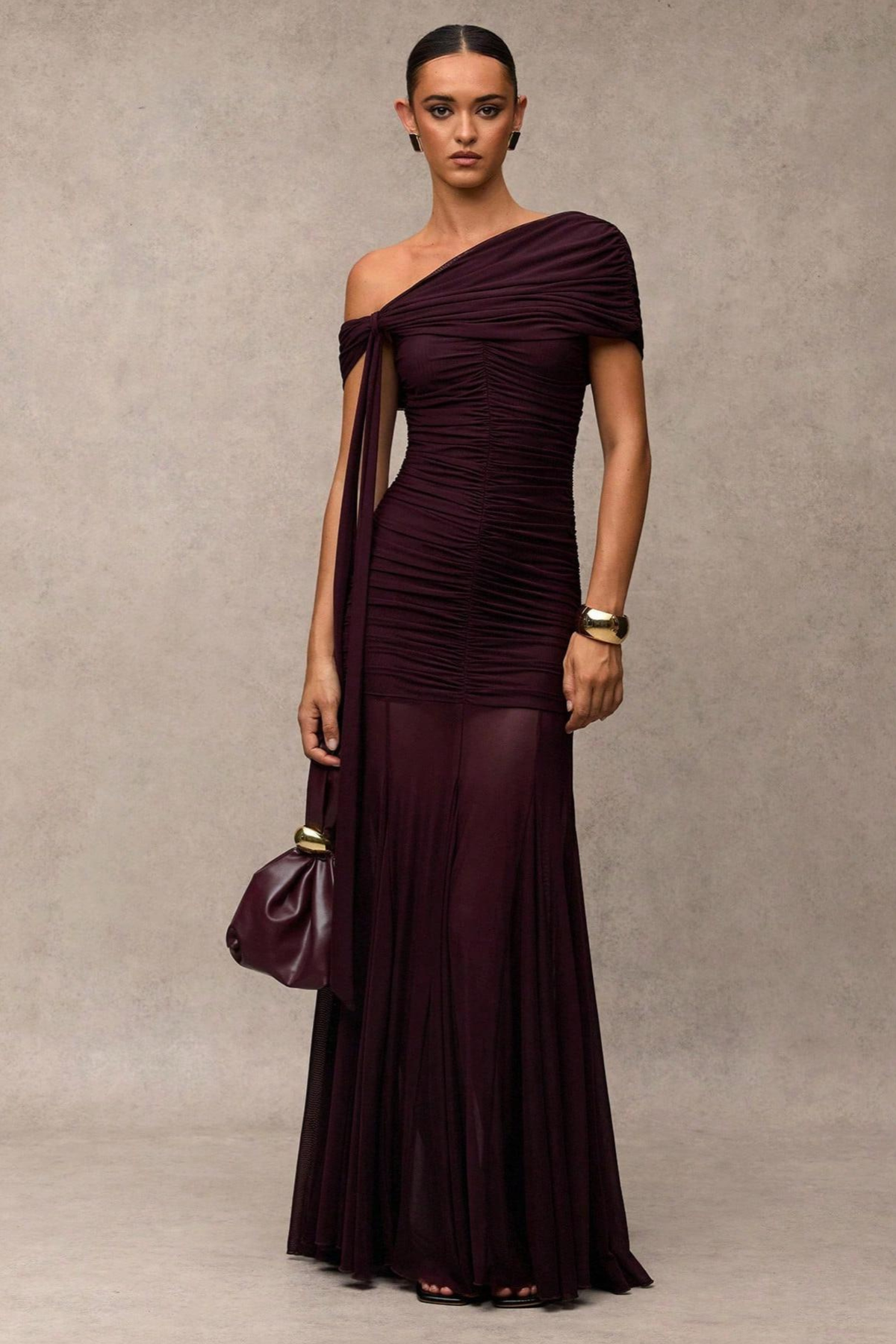 Gathered Asymmetric Neck Maxi Dress