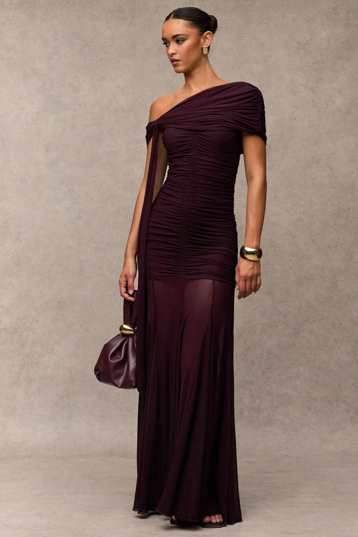 Gathered Asymmetric Neck Maxi Dress