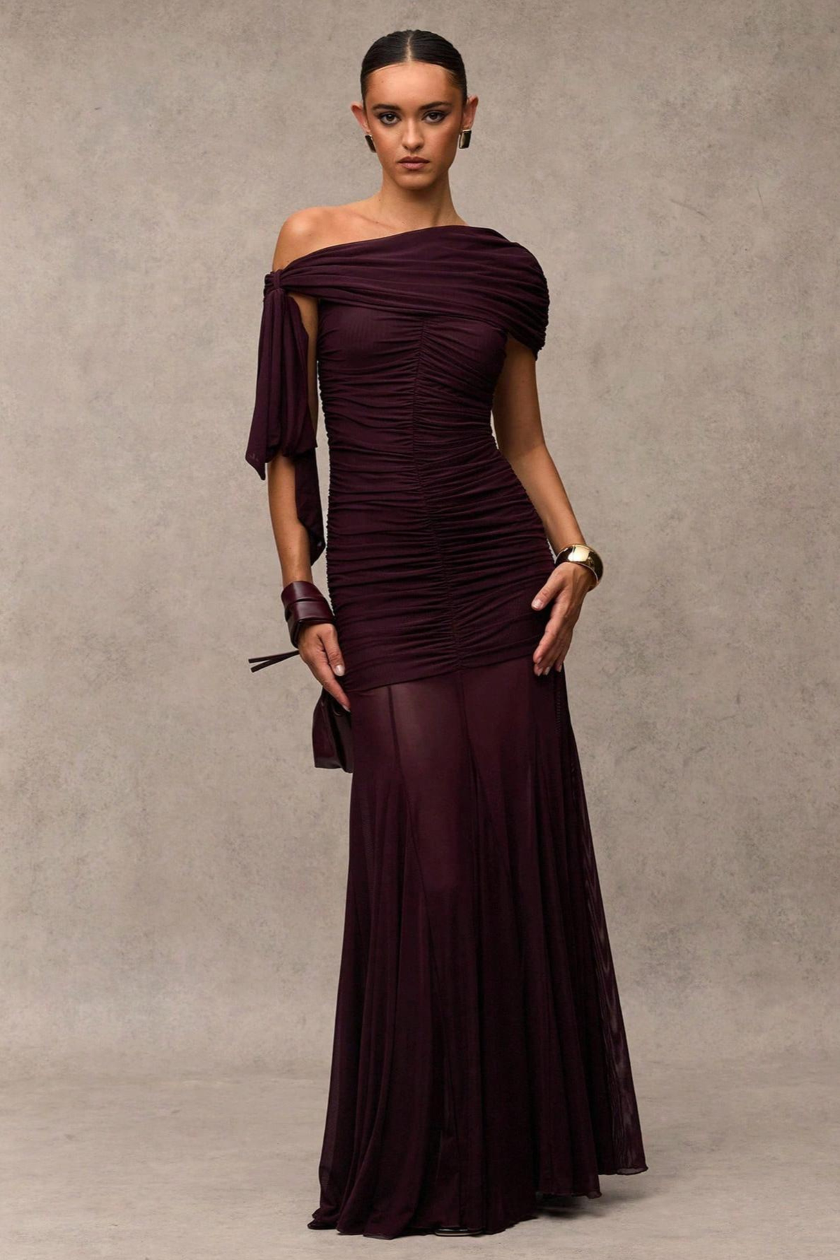 Gathered Asymmetric Neck Maxi Dress