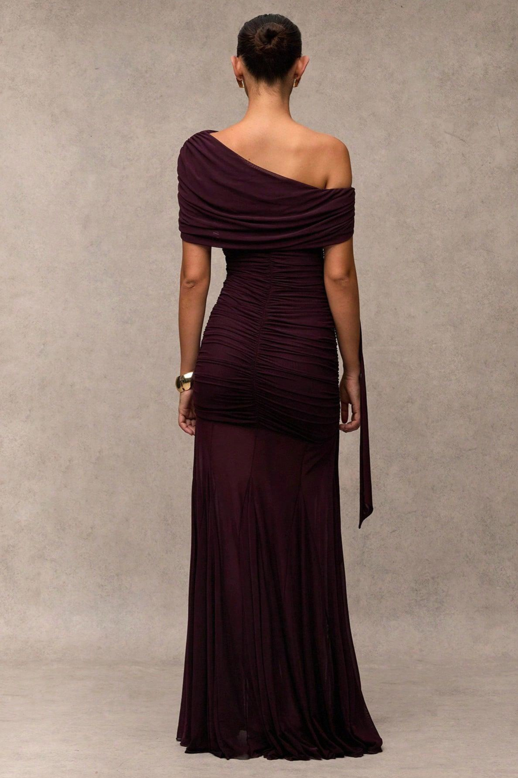 Gathered Asymmetric Neck Maxi Dress