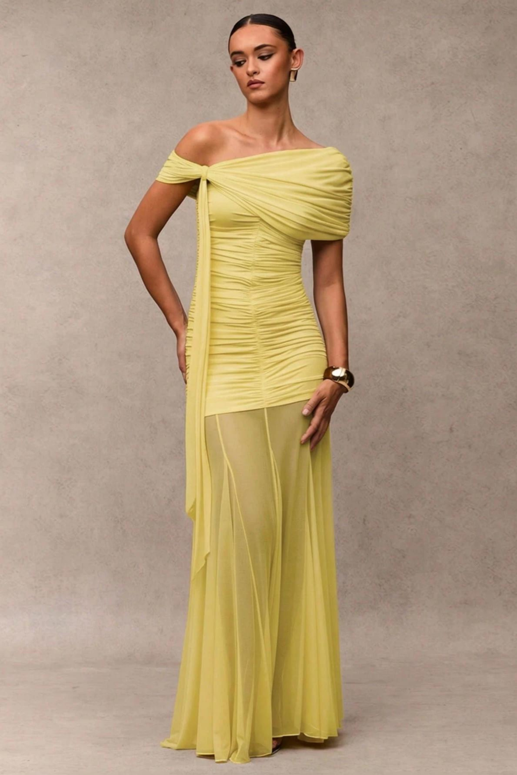 Gathered Asymmetric Neck Maxi Dress
