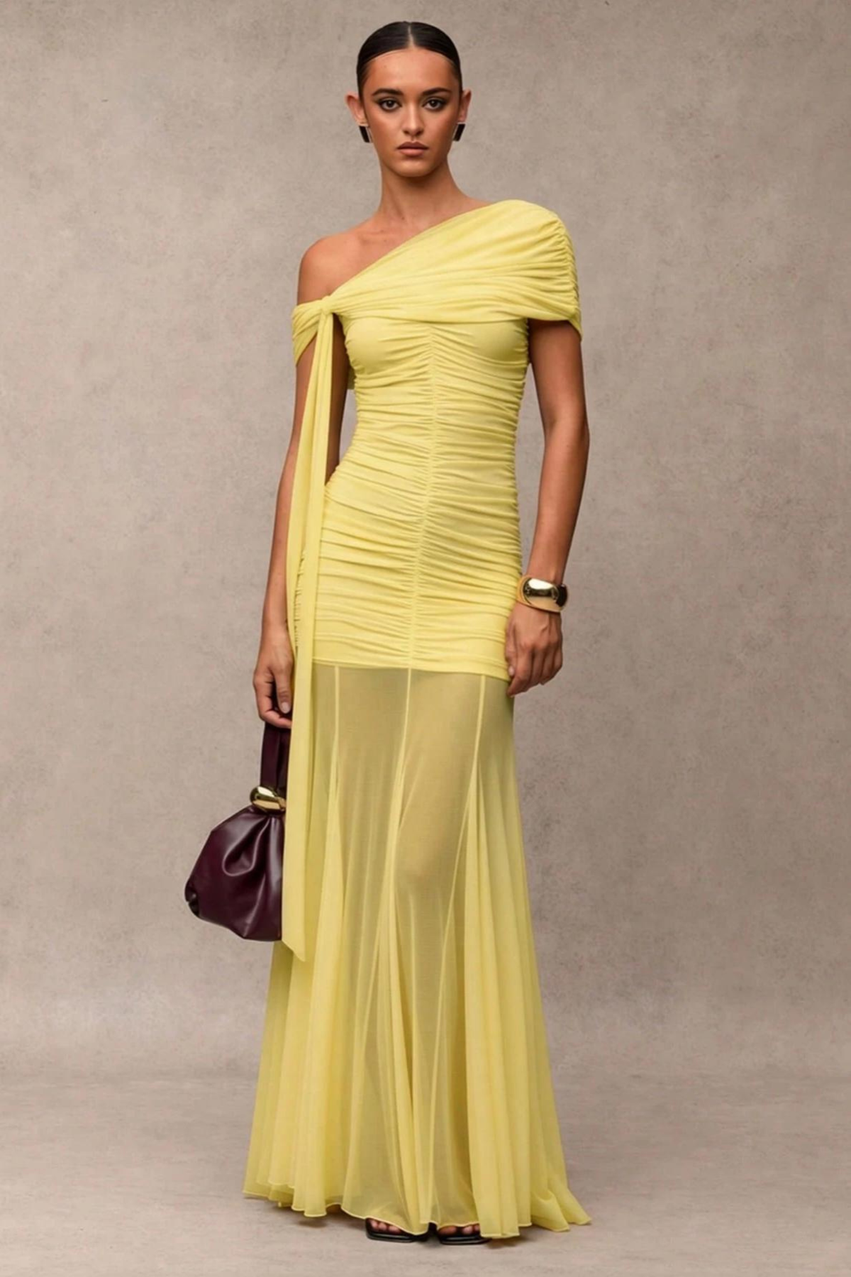 Gathered Asymmetric Neck Maxi Dress