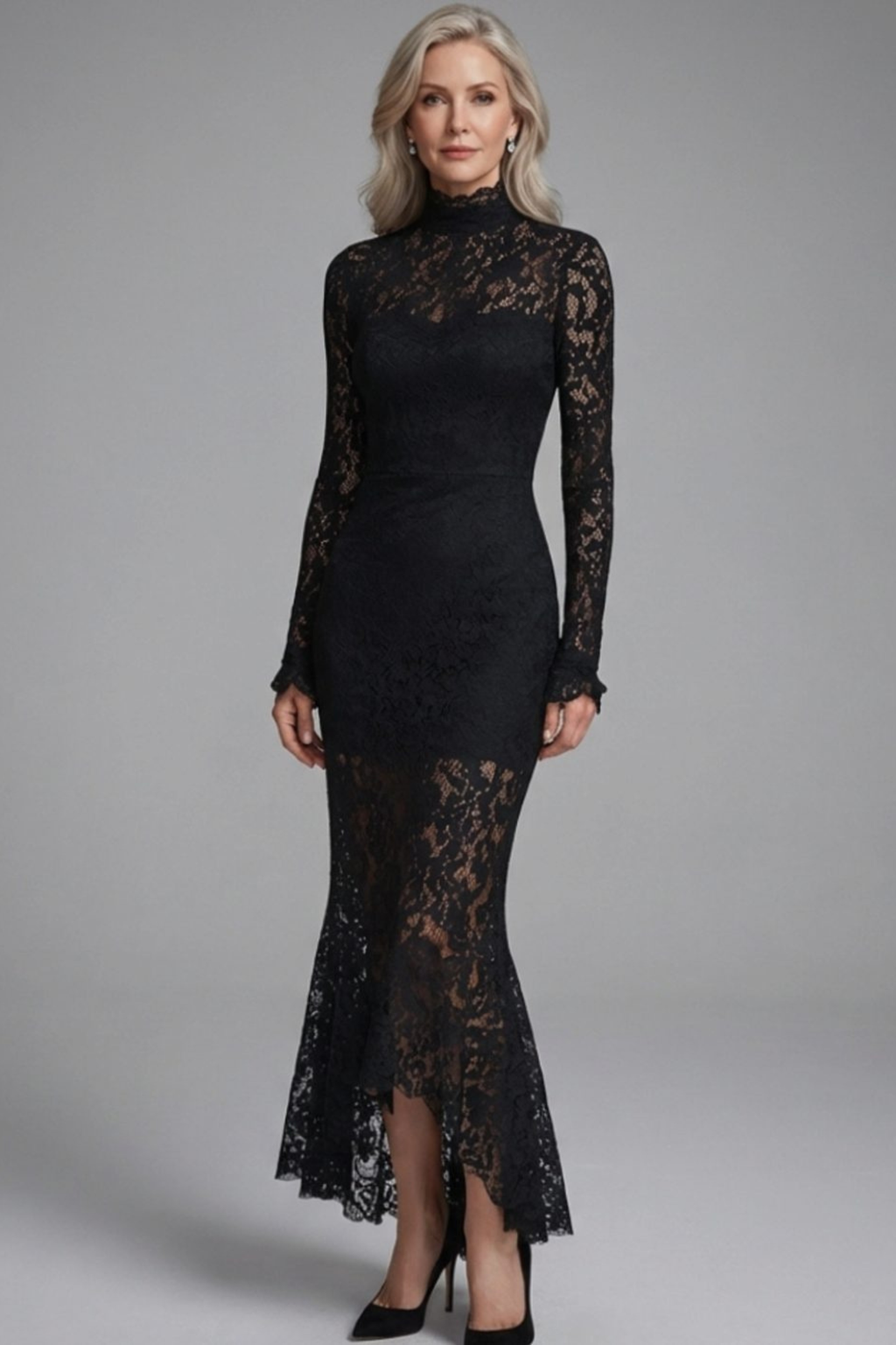 High Neck Lace Mermaid Midi Dress