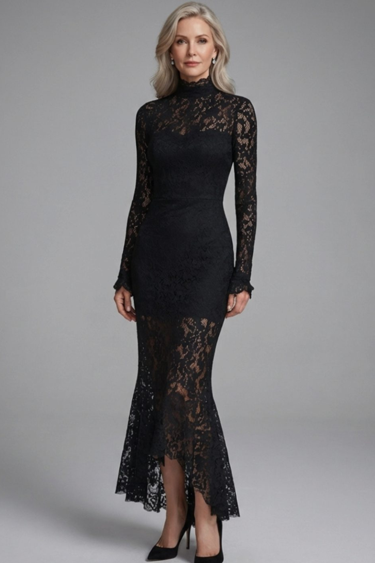 High Neck Lace Mermaid Midi Dress