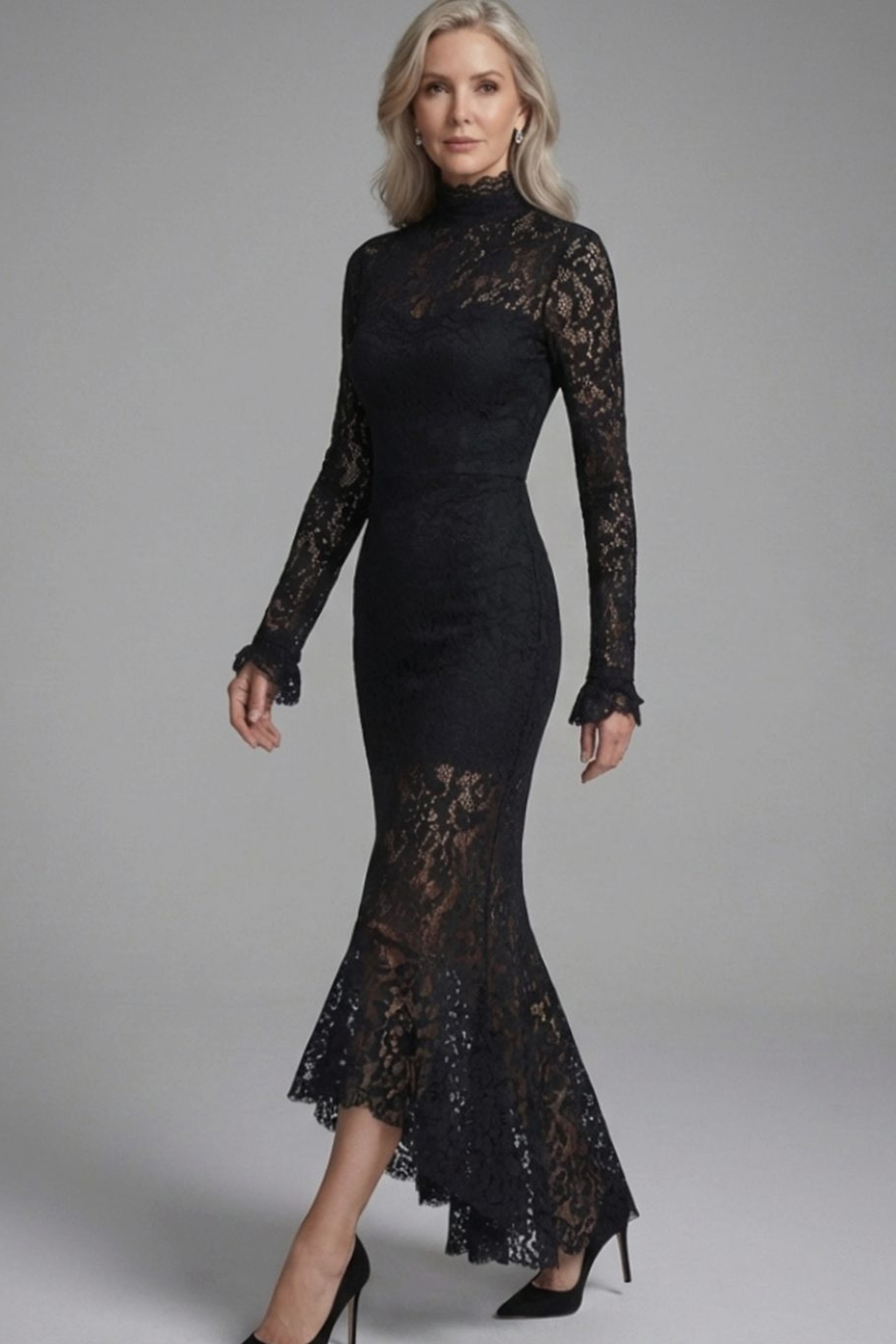 High Neck Lace Mermaid Midi Dress
