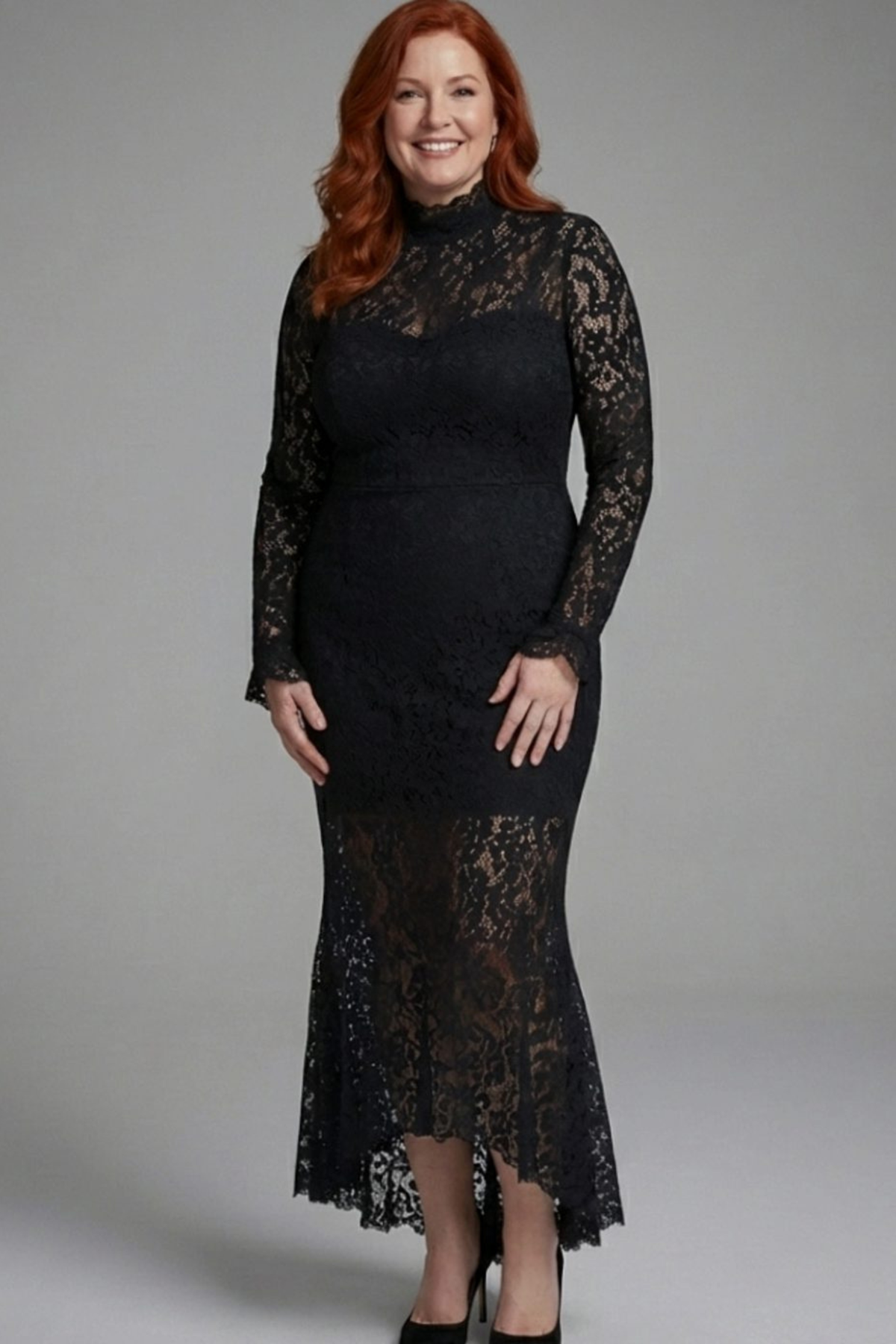 High Neck Lace Mermaid Midi Dress