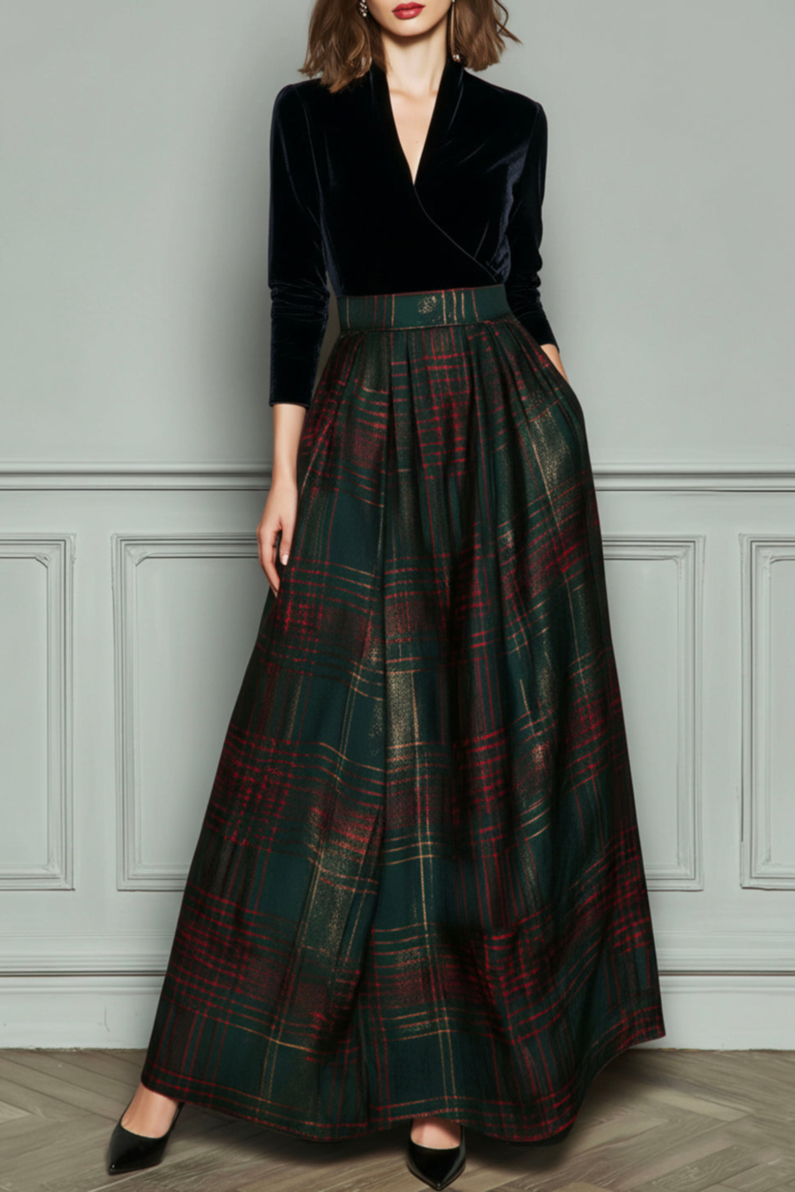 High Waist Plaid Evening Gown