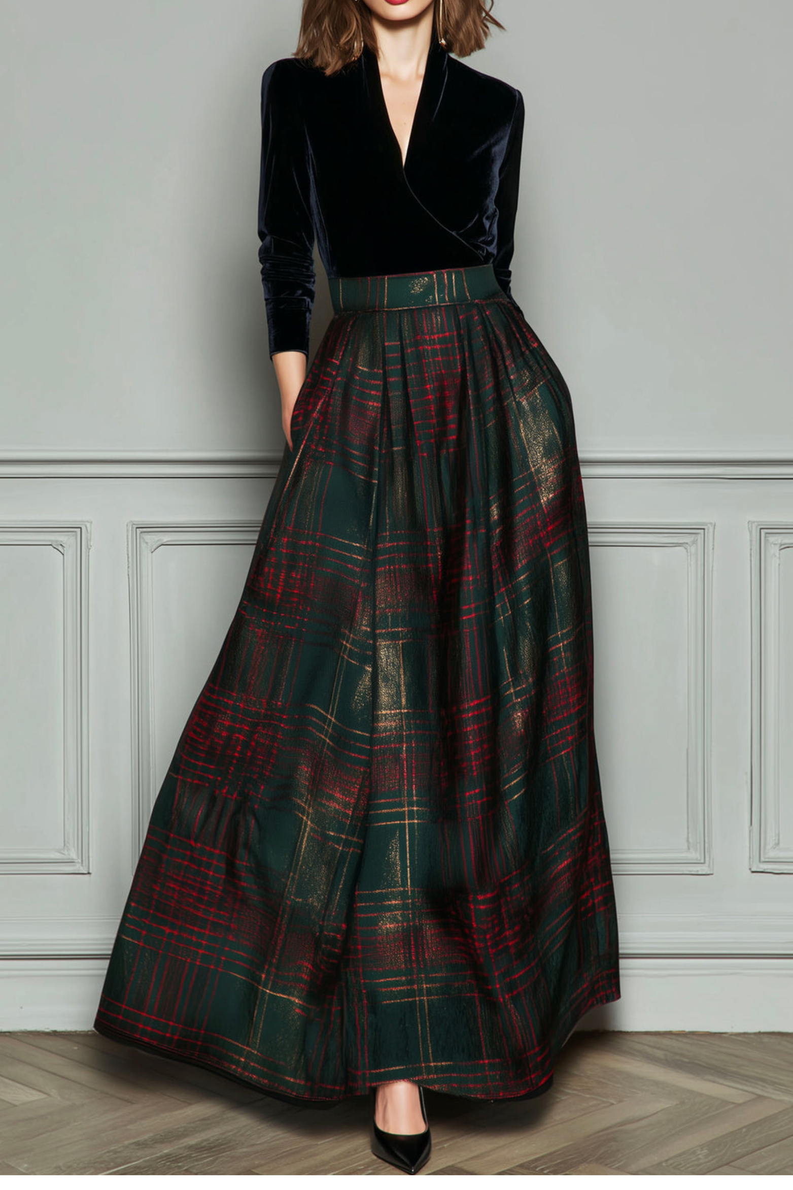 High Waist Plaid Evening Gown
