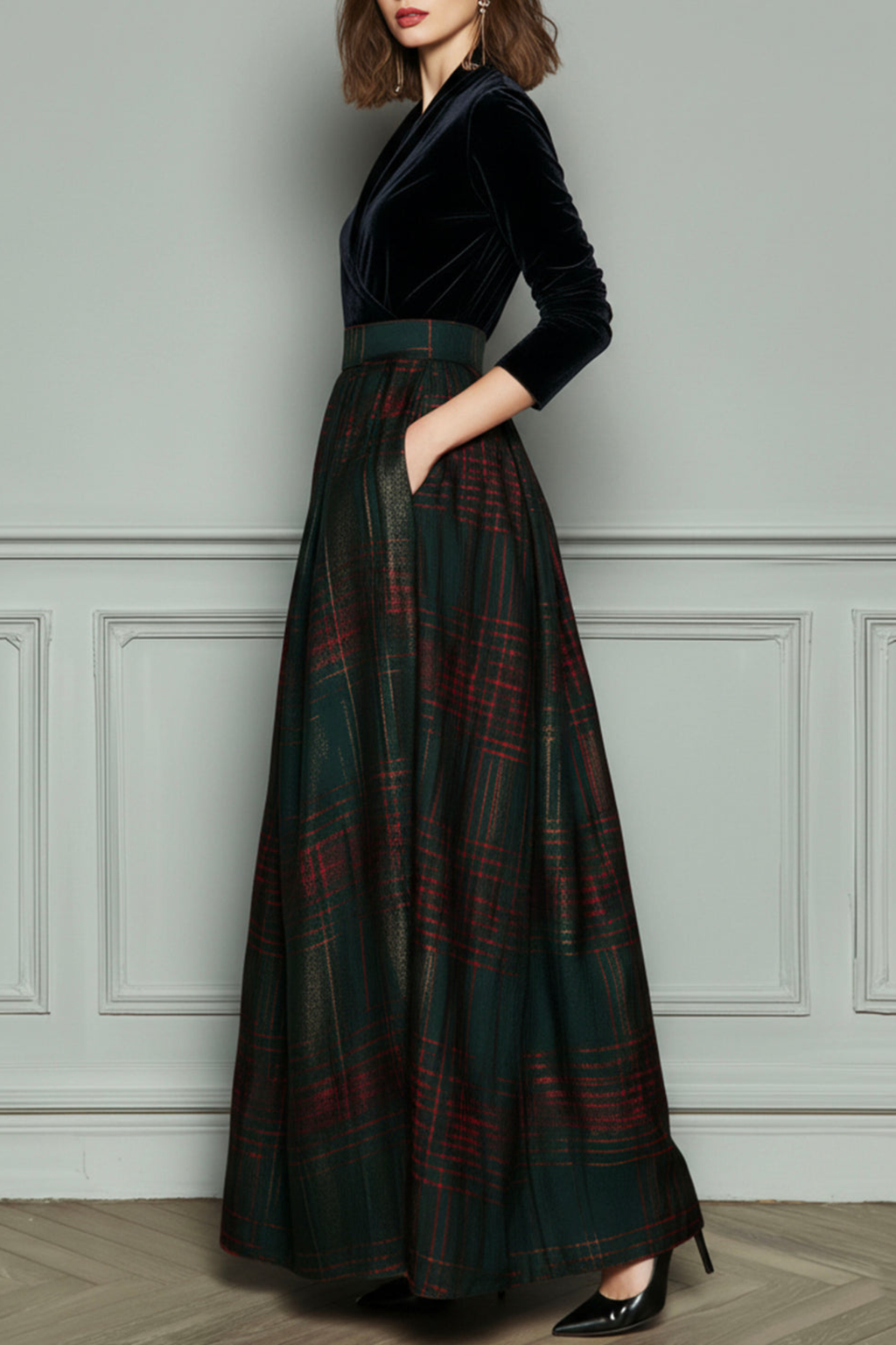 High Waist Plaid Evening Gown