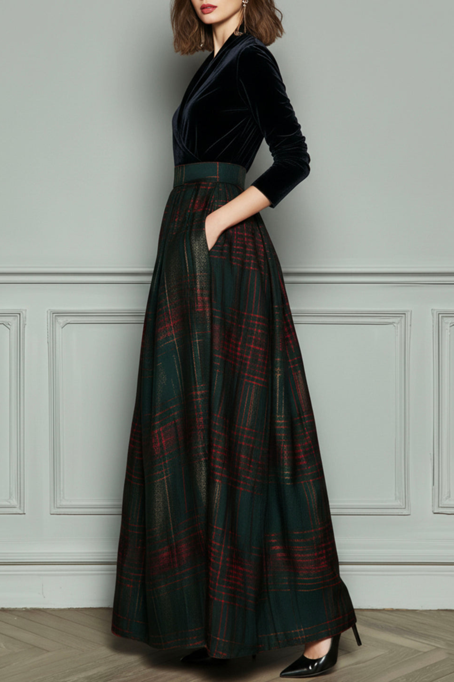 High Waist Plaid Evening Gown