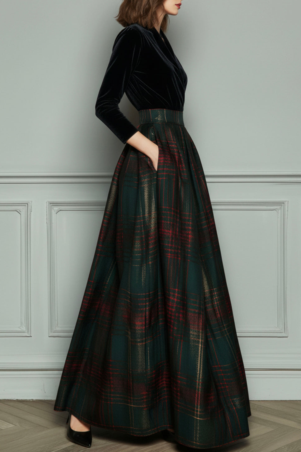High Waist Plaid Evening Gown