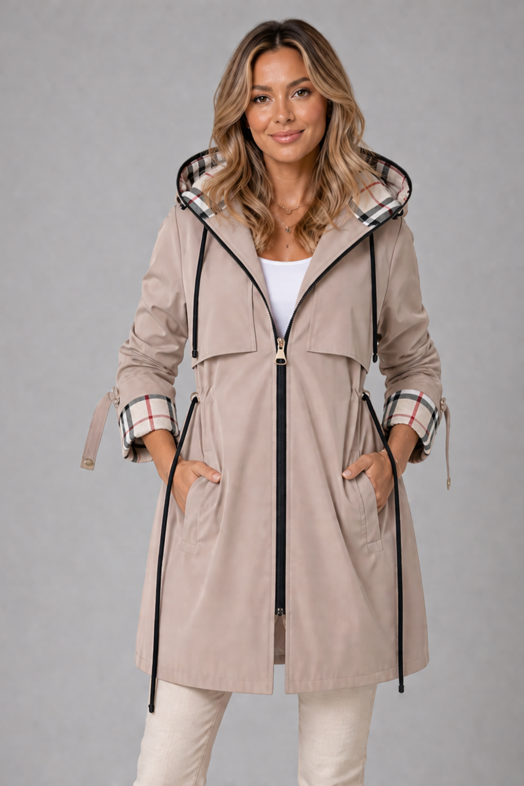 Women's Hooded Adjustable Waist Long Coat