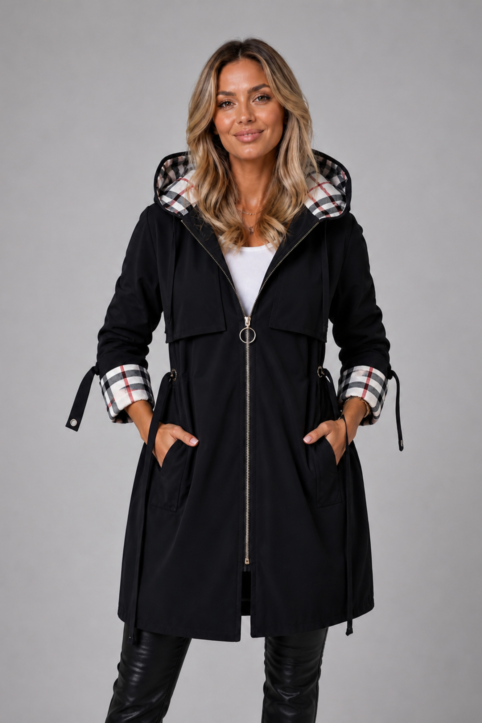Women's Hooded Adjustable Waist Long Coat