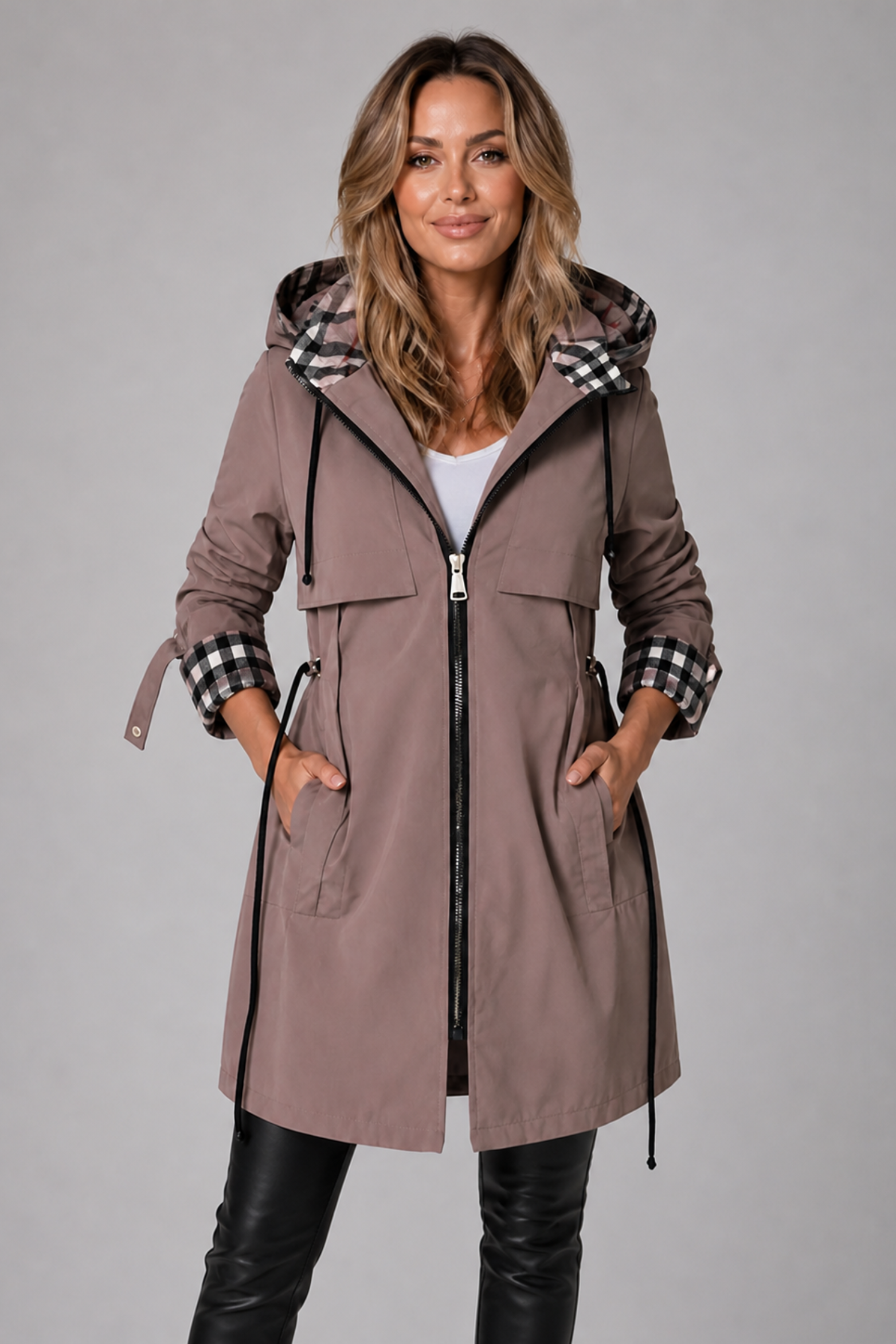 Women's Hooded Adjustable Waist Long Coat