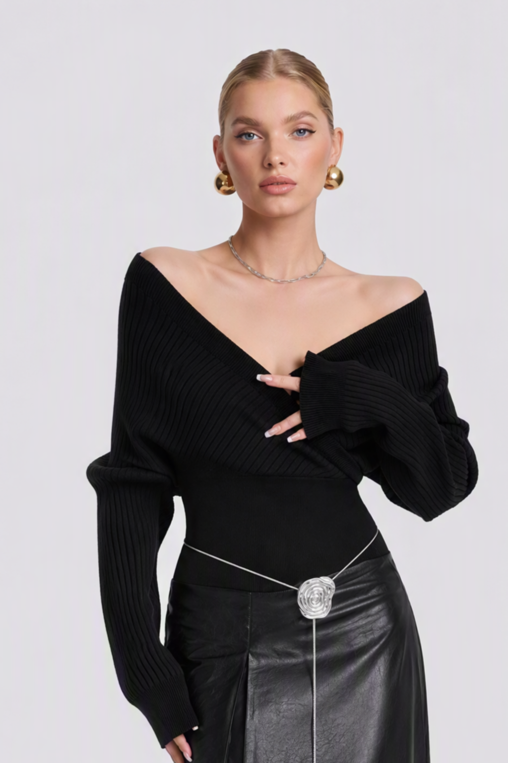 Off Shoulder Wrap V Neck Knit Sweater