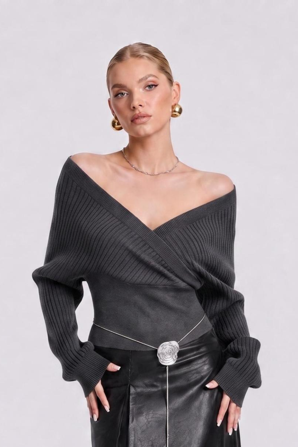 Off Shoulder Wrap V Neck Knit Sweater