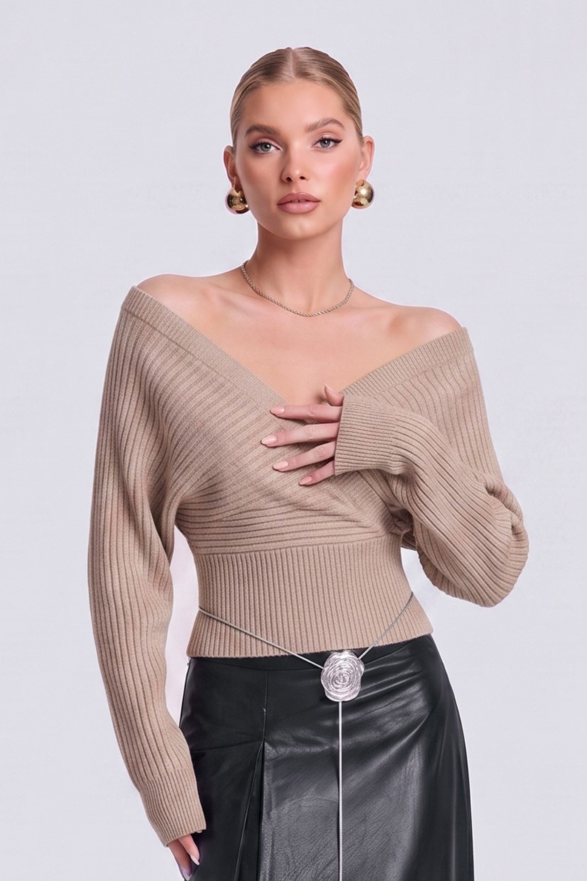 Off Shoulder Wrap V Neck Knit Sweater