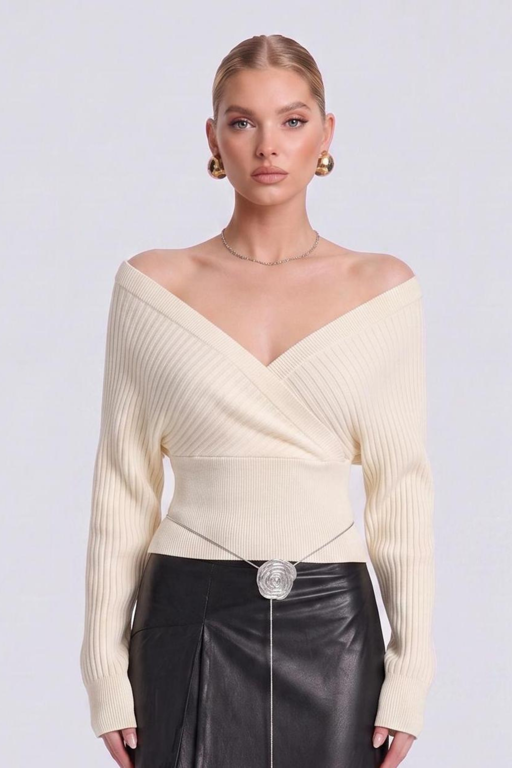 Off Shoulder Wrap V Neck Knit Sweater