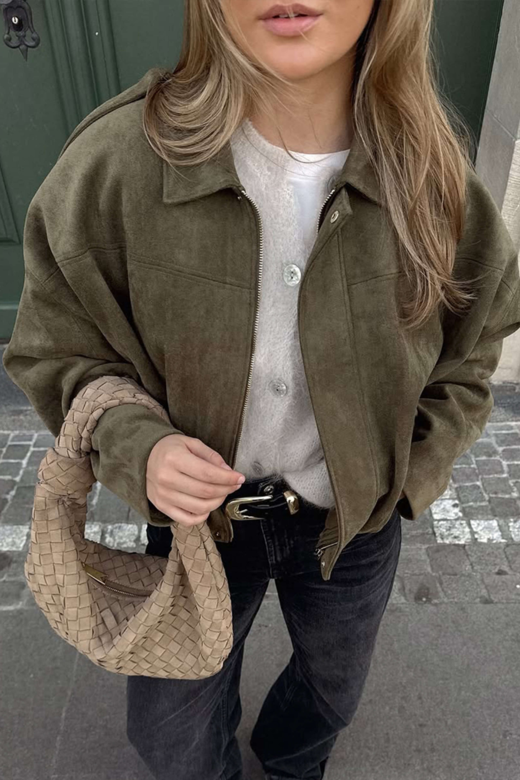 Olive Suede Bomber Jacket