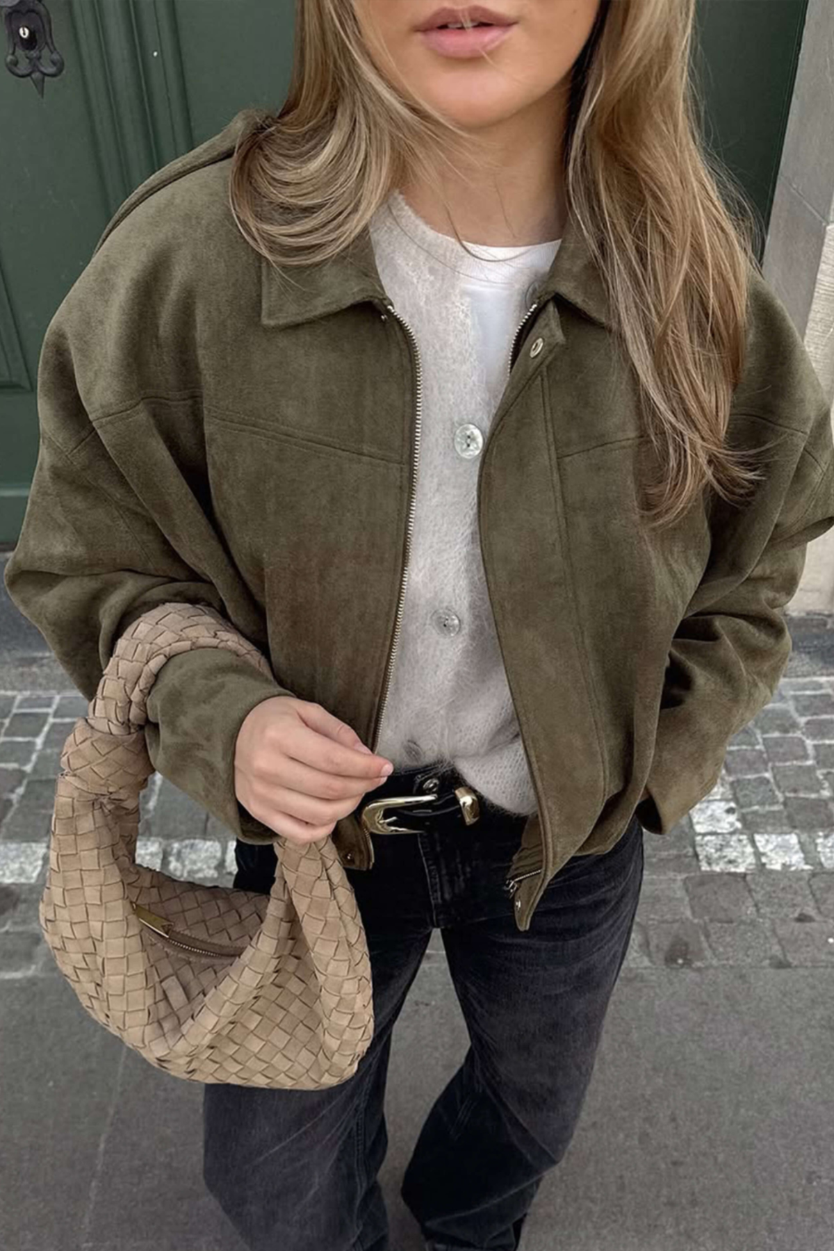 Olive Suede Bomber Jacket