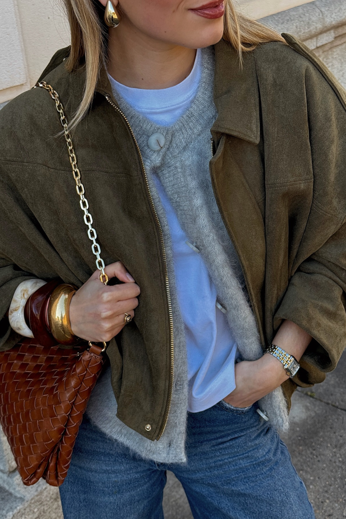 Olive Suede Bomber Jacket