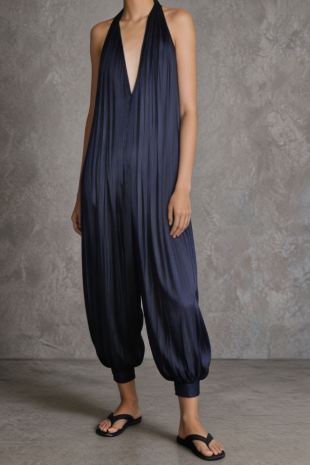 Pleated Deep V Neck Jumpsuit
