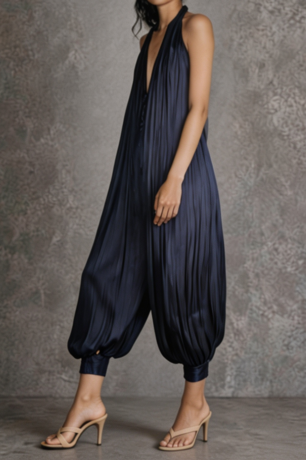 Pleated Deep V Neck Jumpsuit