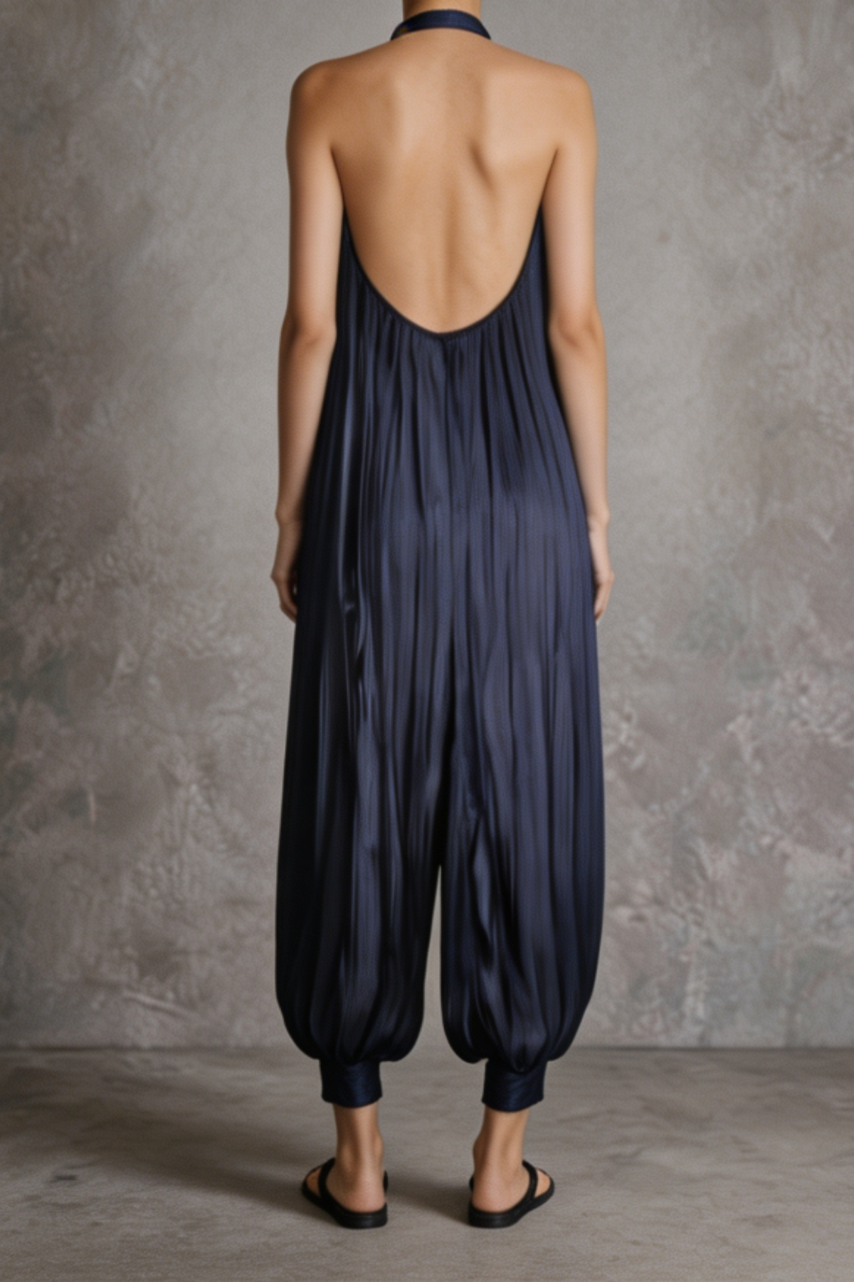 Pleated Deep V Neck Jumpsuit