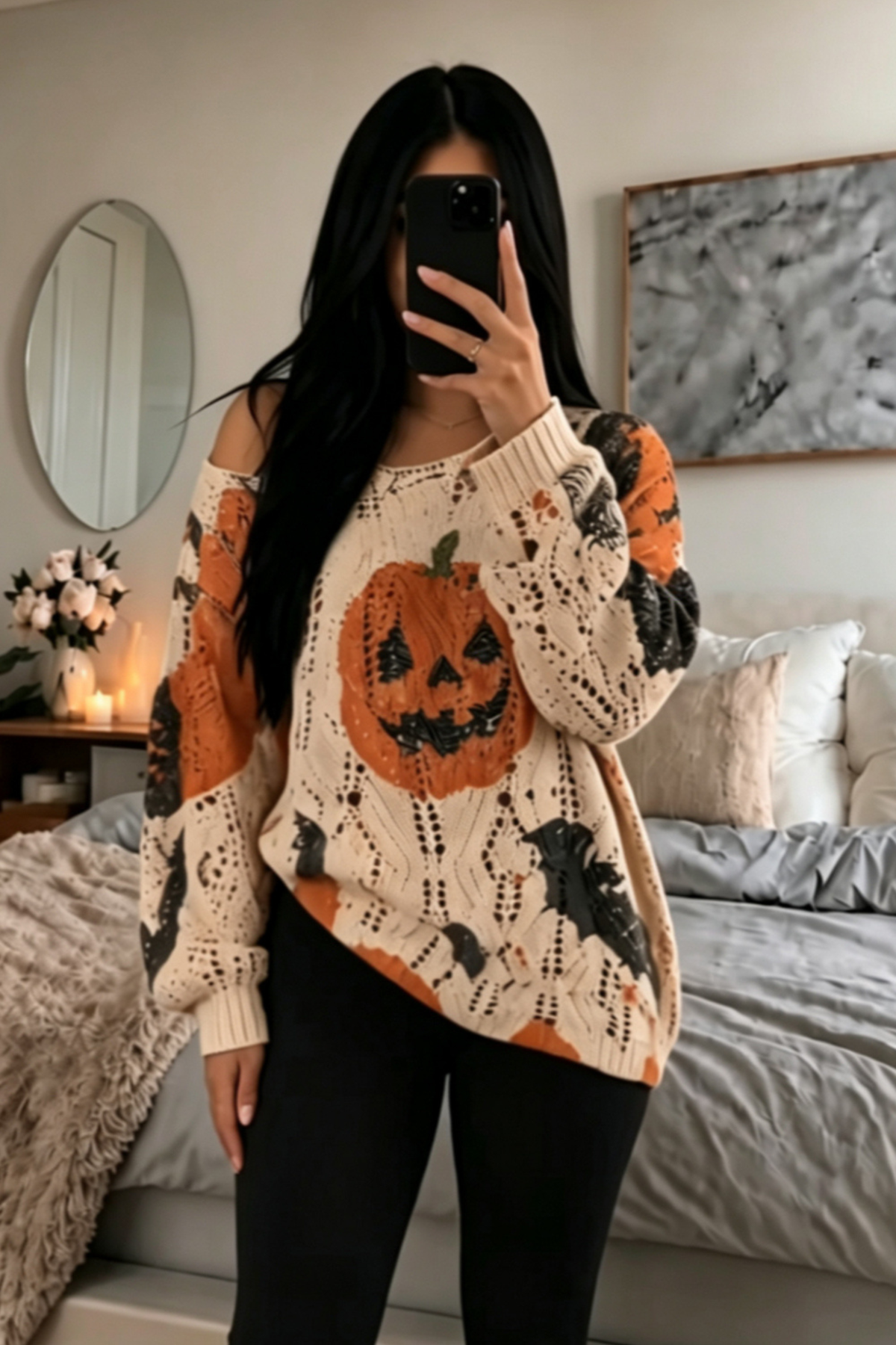 Pumpkin Off Shoulder Pointelle Sweater