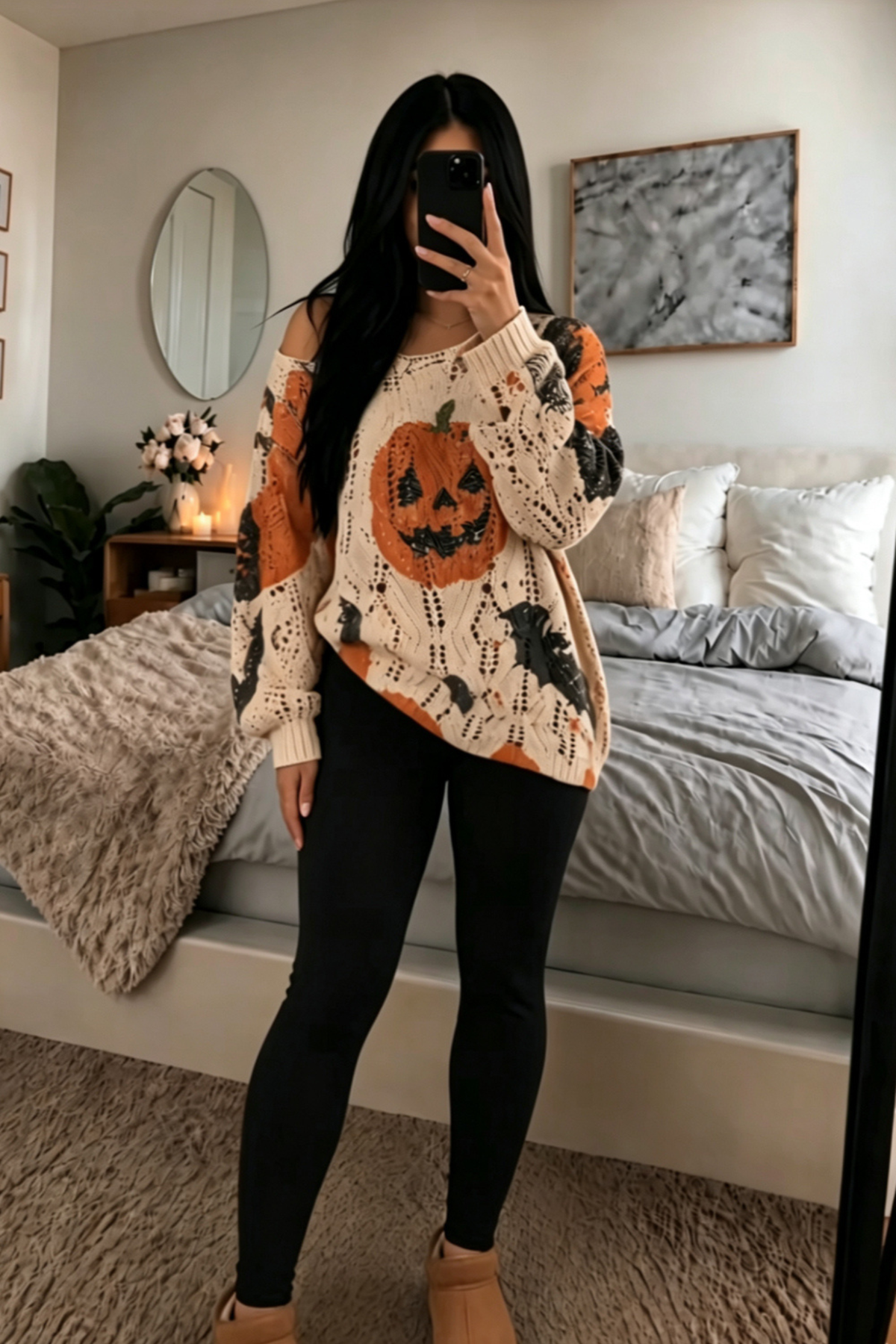 Pumpkin Off Shoulder Pointelle Sweater