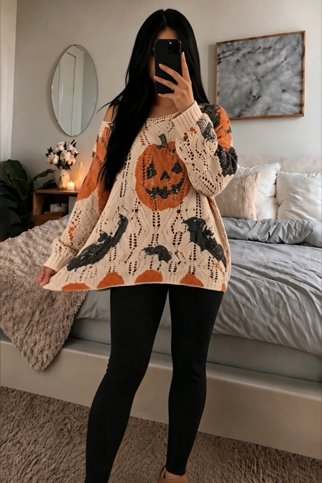 Pumpkin Off Shoulder Pointelle Sweater
