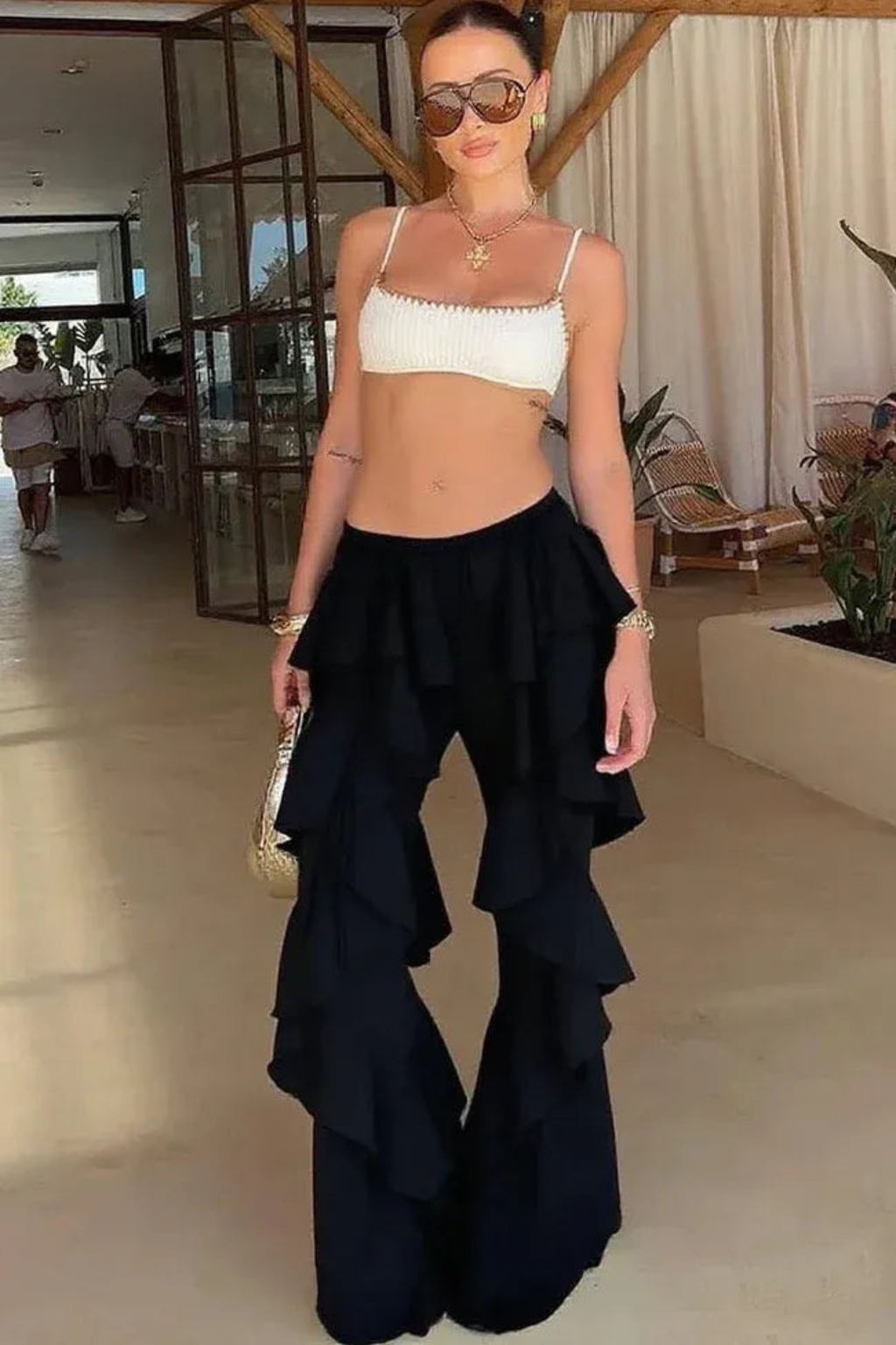 Sheer Mesh Layered Ruffle Pants