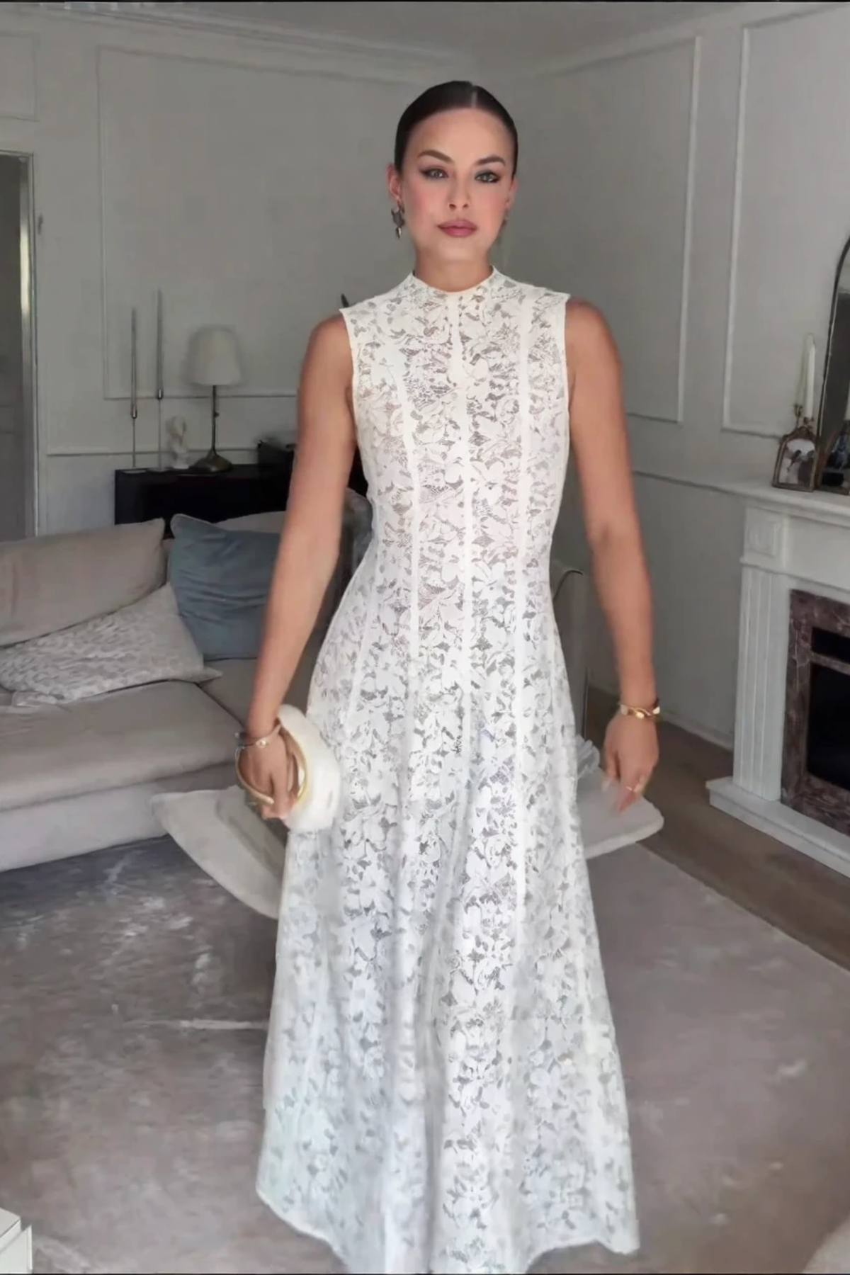 Sleeveless High Neck Lace Maxi Dress