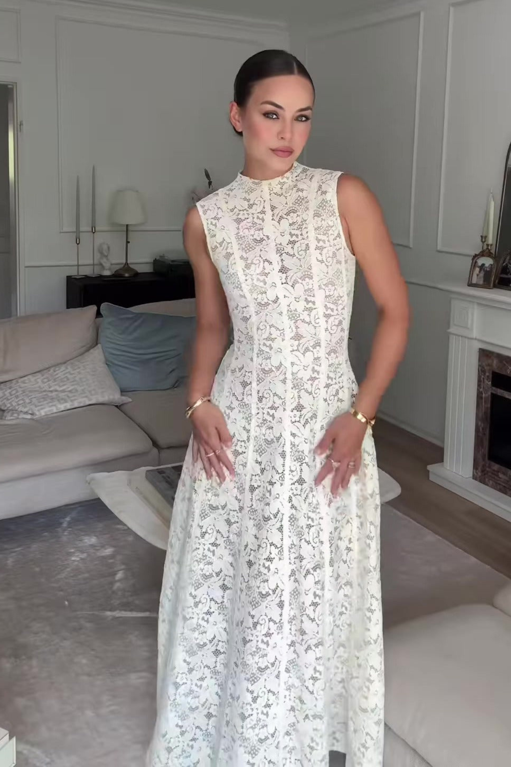 Sleeveless High Neck Lace Maxi Dress
