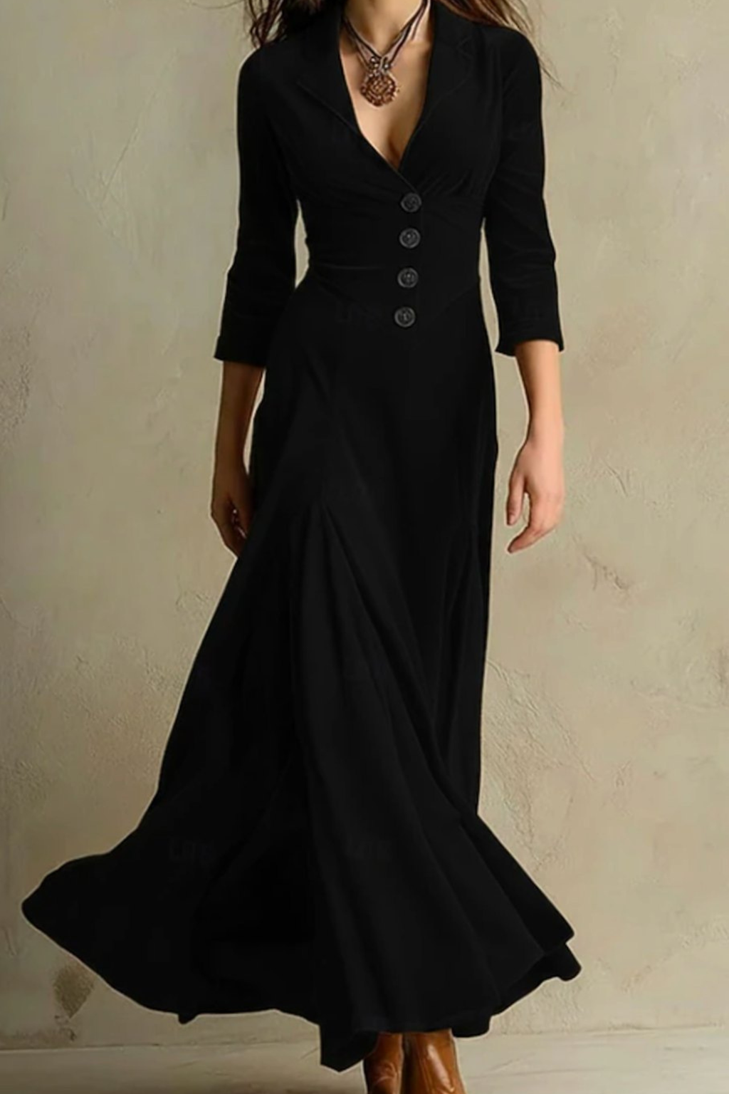 Tailored V Neck Button Front Maxi Dress