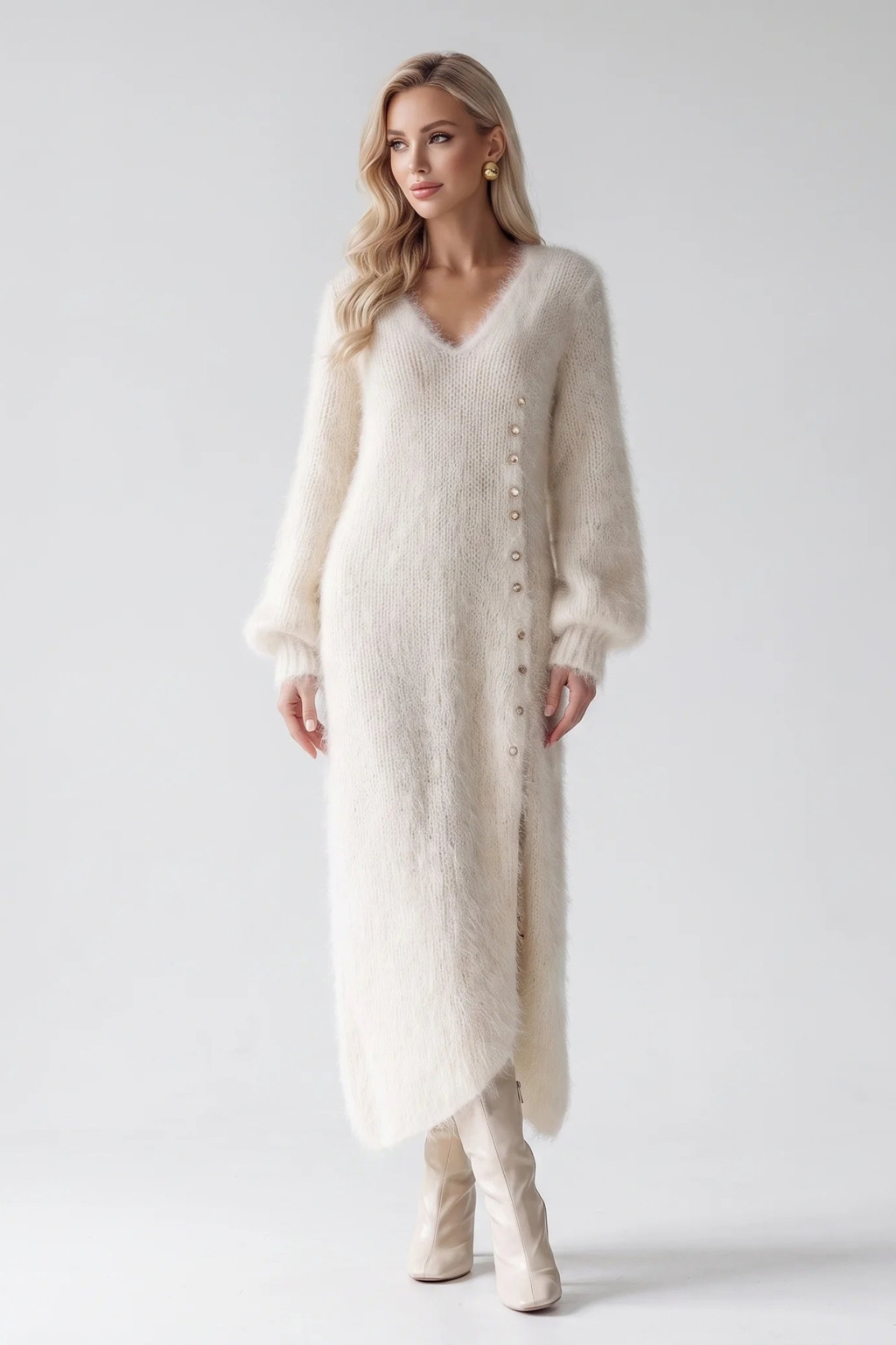 V-Neck Balloon Sleeve Midi Sweater Dress