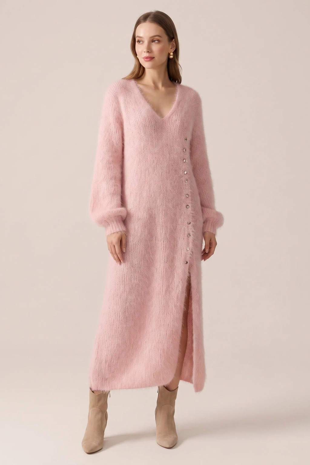 V-Neck Balloon Sleeve Midi Sweater Dress
