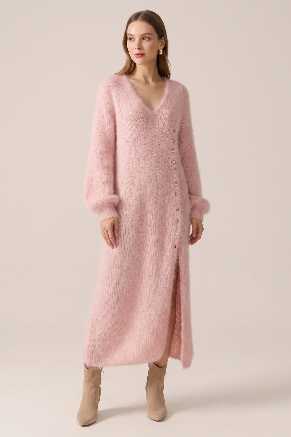 V-Neck Balloon Sleeve Midi Sweater Dress