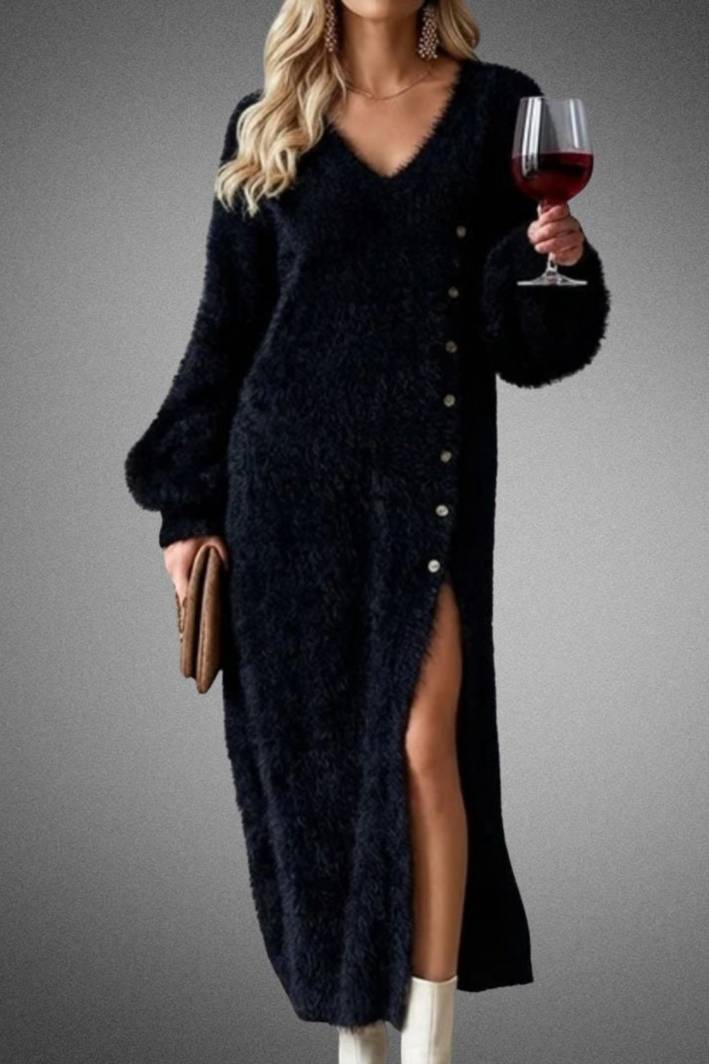 V-Neck Balloon Sleeve Midi Sweater Dress