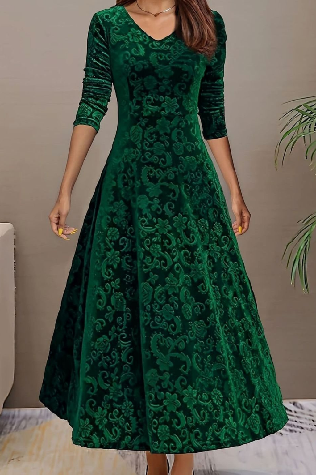 Velvet Floral V Neck Midi Dress