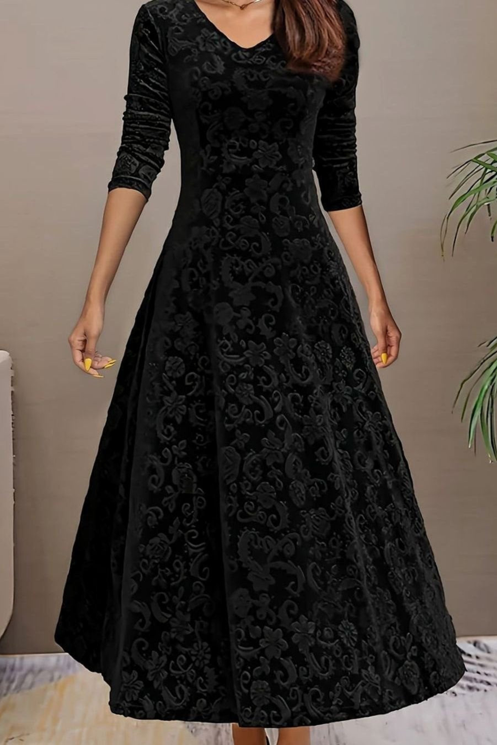 Velvet Floral V Neck Midi Dress