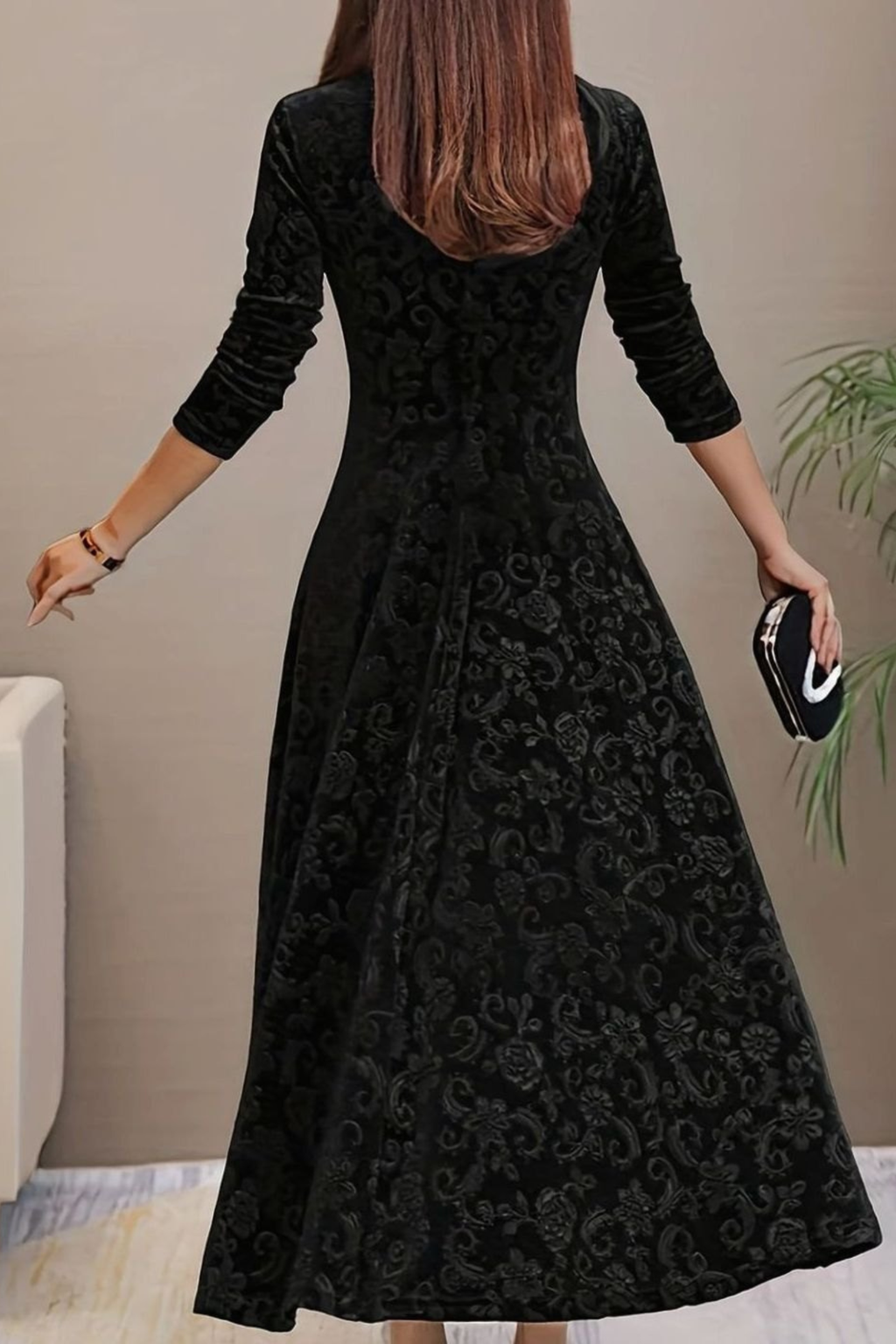 Velvet Floral V Neck Midi Dress