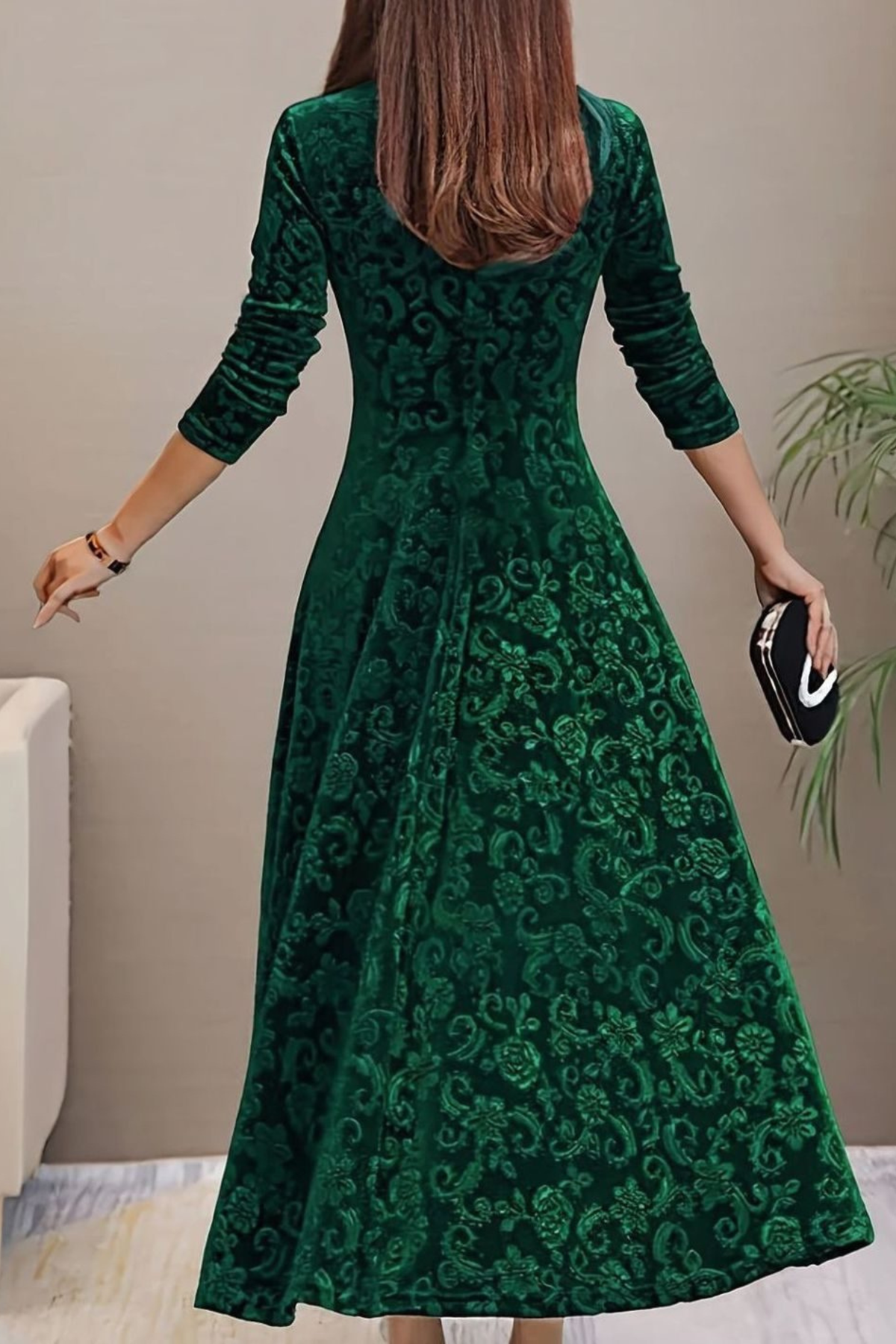 Velvet Floral V Neck Midi Dress