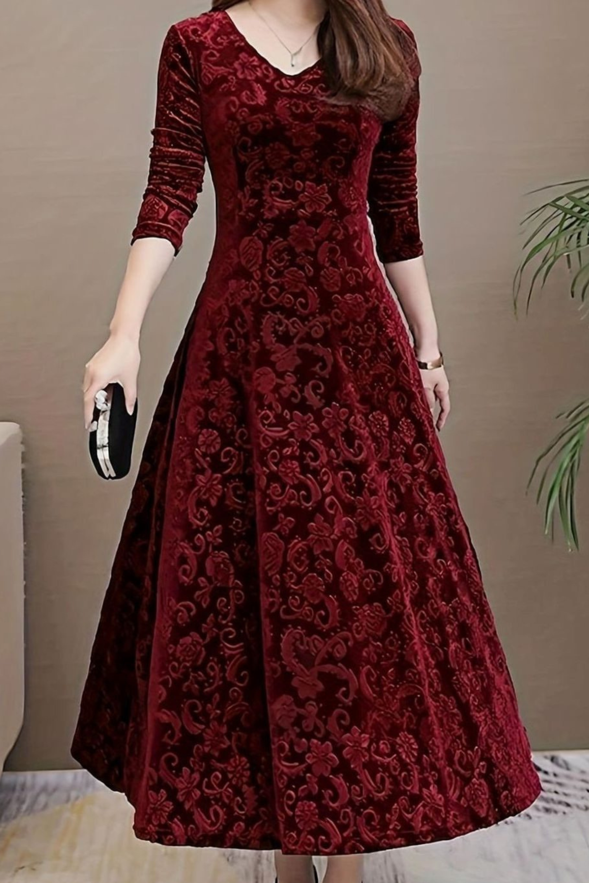 Velvet Floral V Neck Midi Dress
