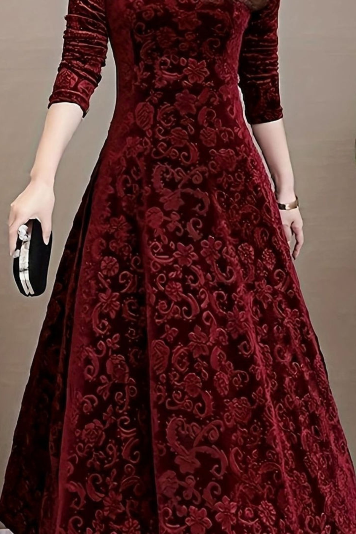Velvet Floral V Neck Midi Dress