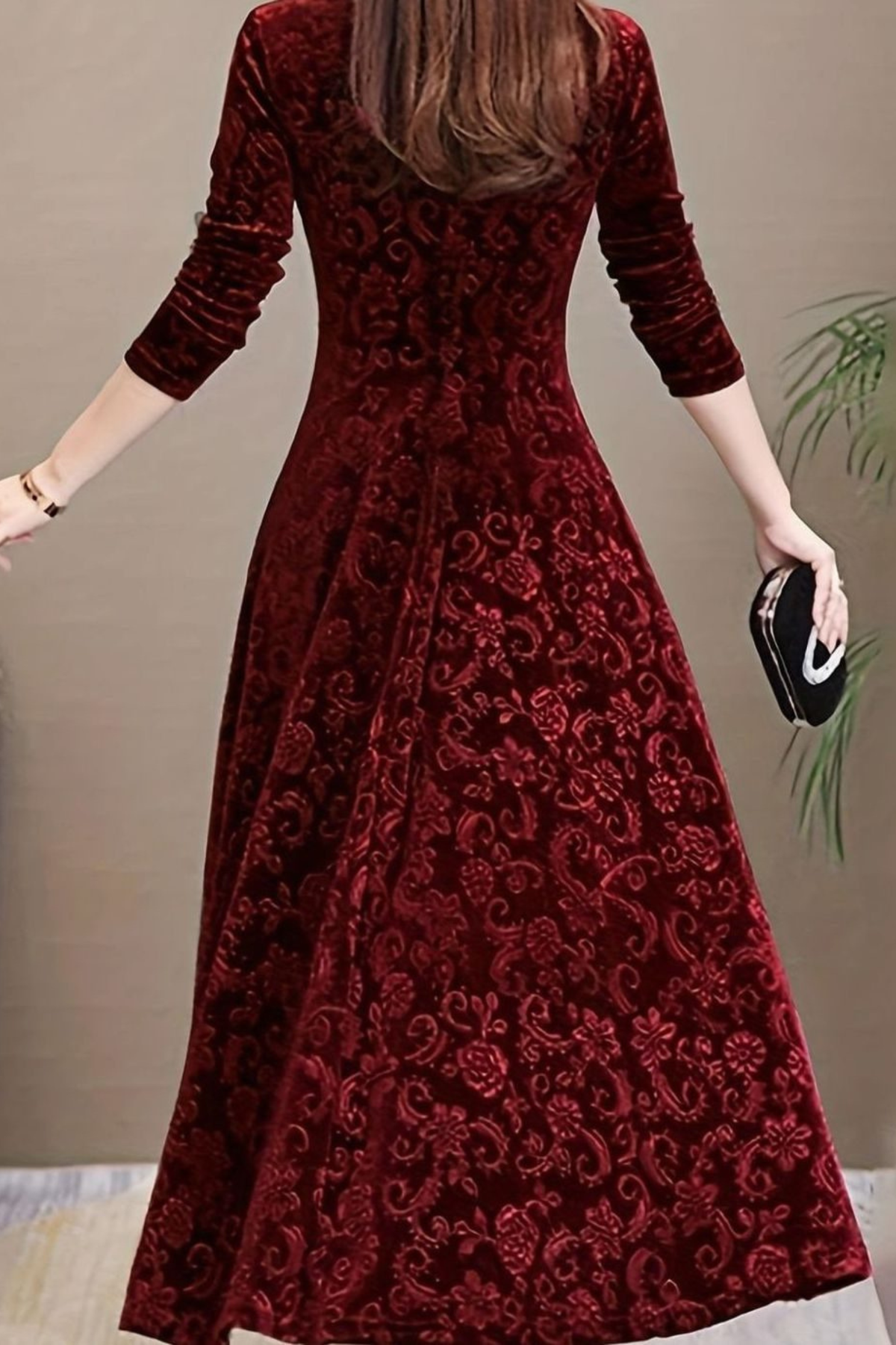 Velvet Floral V Neck Midi Dress
