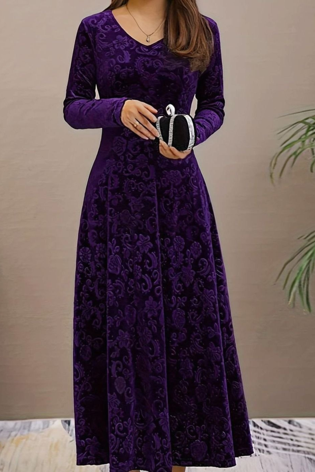 Velvet Floral V Neck Midi Dress