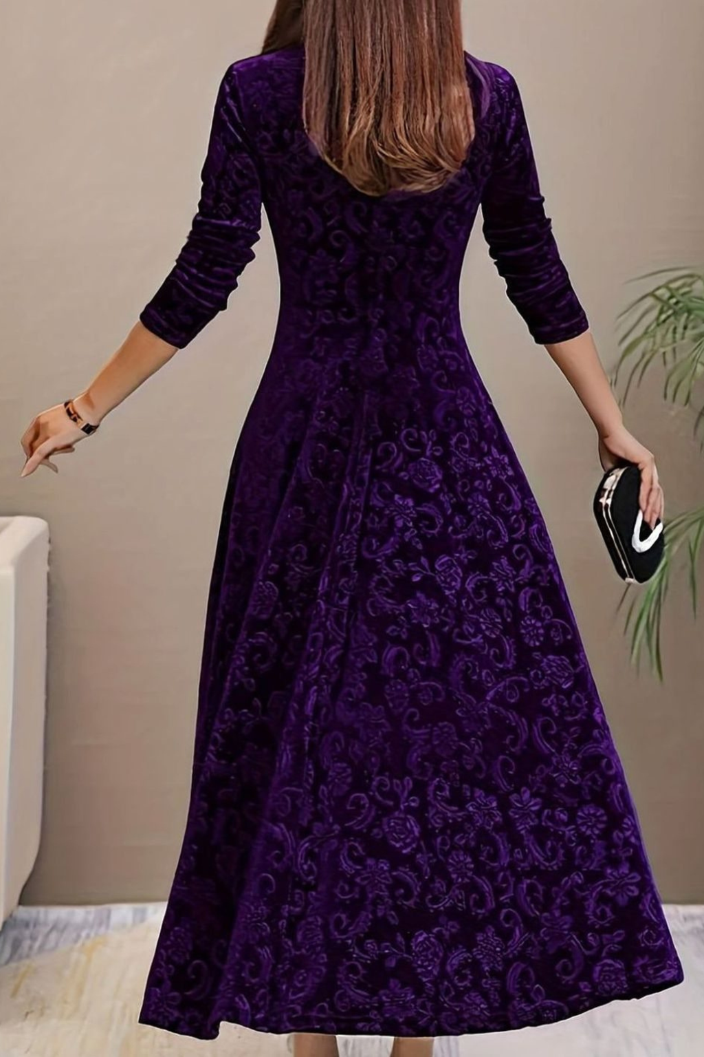 Velvet Floral V Neck Midi Dress