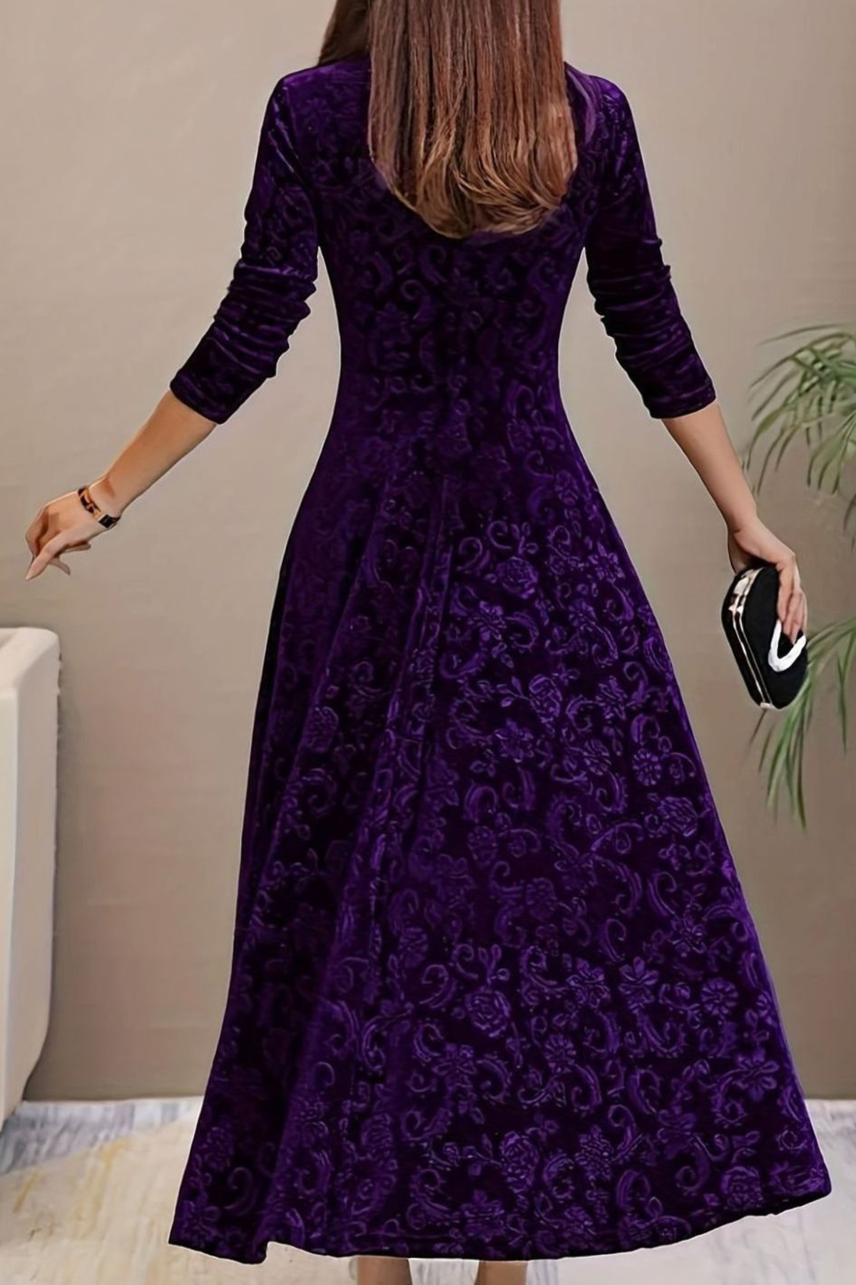 Velvet Floral V Neck Midi Dress